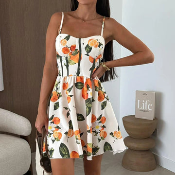 MQTIME  -  New 2025 Floral Print Waist Commuting Dress Women Fashion Backless Hollow Bohemian Dress Vintage Beach Suspender A-line Dresses